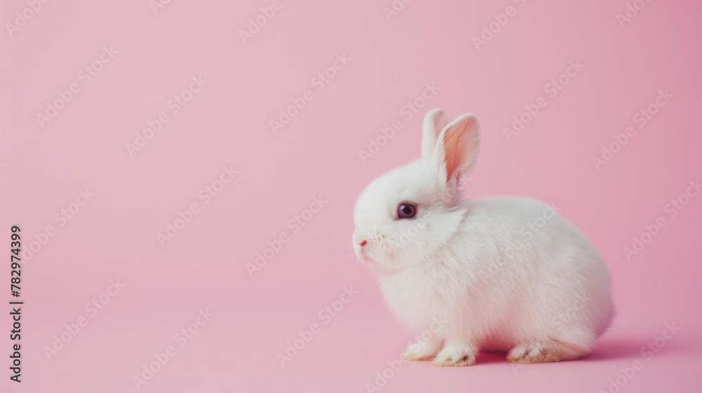 A cute white rabbit sitting on a pink surface. Suitable for various designs and projects