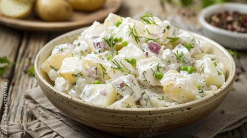 Rustic potato salad, creamy and inviting, served on a vintage wooden table