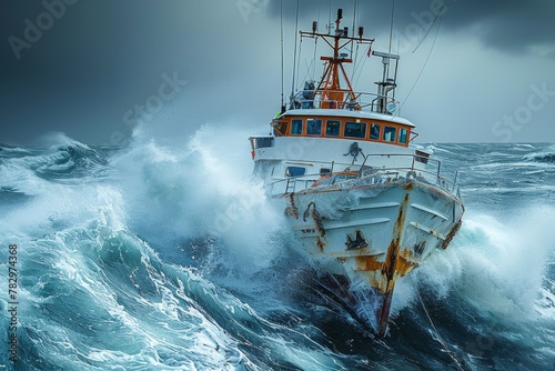 Vivid depiction of a small fishing vessel braving towering waves during a severe ocean storm, showcasing human resilience in the face of nature's fury