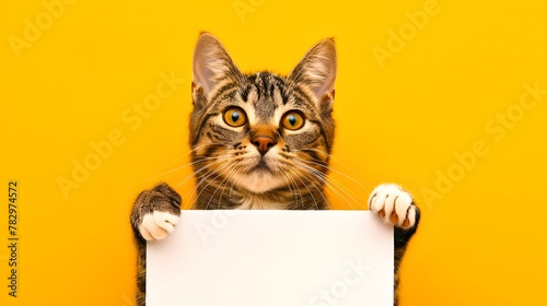 Curious Tabby Cat Holding Blank Sign Against Yellow Background. Perfect for Advertisements. Cute and Eye-Catching Feline. AI