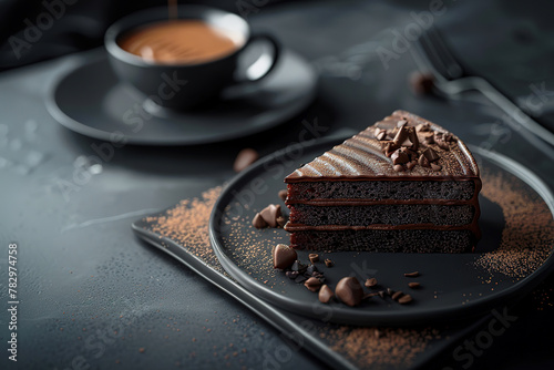 food photography, luxurious chocolate cake, coffee restaurant advertising with empty copy space