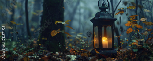 A lantern is lit in the middle of a forest. Suitable for nature and outdoor concepts