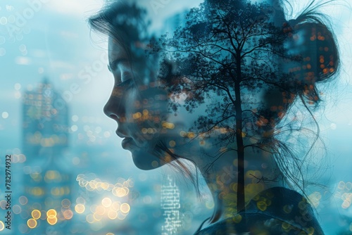 The double exposure image merges a woman's profile with the silhouette of a tree against an urban backdrop, suggesting a connection with nature
