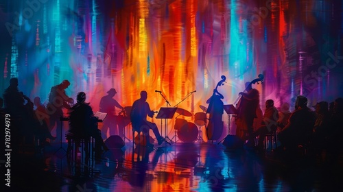 Colorful Painting of Jazz Ensemble in Concert with Cityscape Reflections and Ambient Lighting