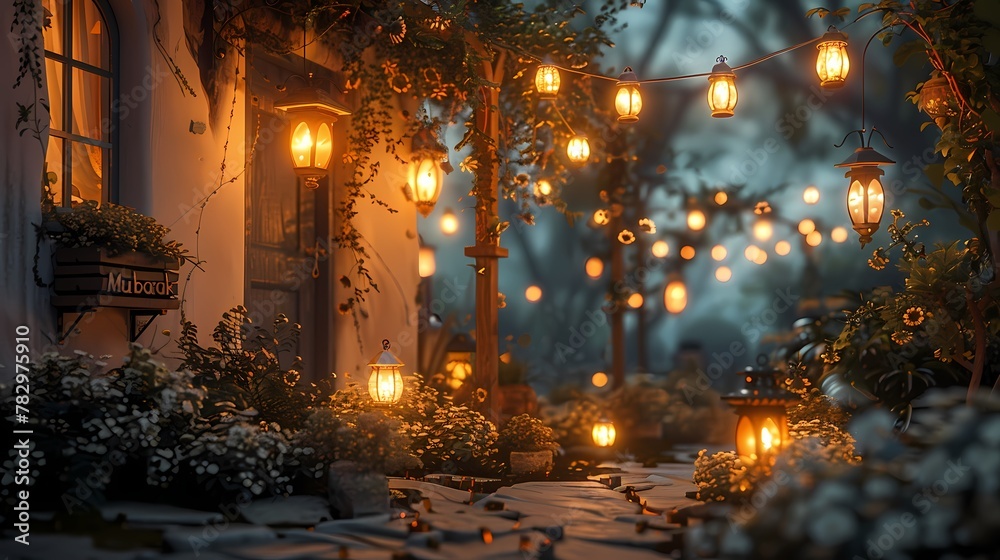 A serene view of a tranquil garden adorned with twinkling fairy lights and lanterns, casting a soft glow over the words 