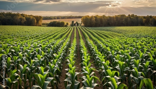 The sun casts a golden glow over an endless cornfield with a distant farmhouse and trees  symbolizing rural life. AI Generation