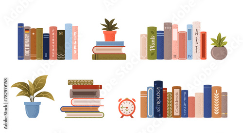 isolated stack and piles of various books. World book day. Vector set of educational books, plants, alarm clock. Grainy illustrations on white background for book festival, store, book fair. 