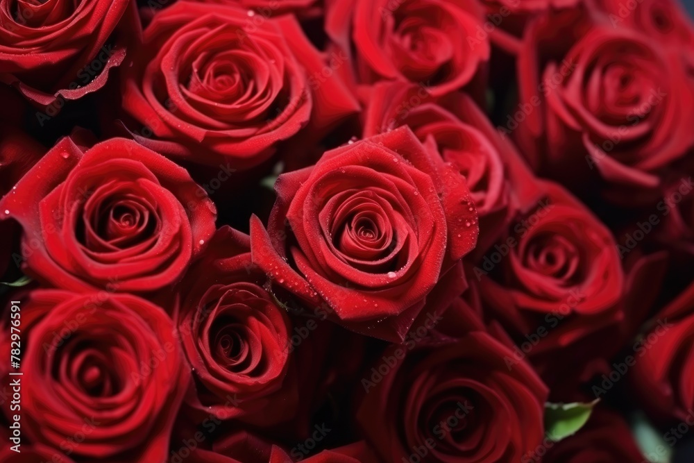 A close-up of vibrant red roses with fresh water droplets, depicting the beauty and detail of nature's artistry. Vibrant Red Roses with Water Droplets Close-Up