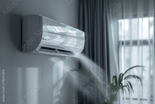 A modern air conditioning unit mounted on a clean white wall in a room with curtains and soft light