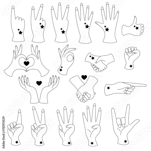 Set of hand drawn in doodle style. Human hand gestures icons. Isolated on a white background. Vector illustration