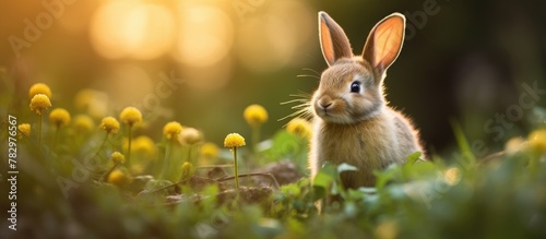 Rabbit in meadow surrounded by blossoms