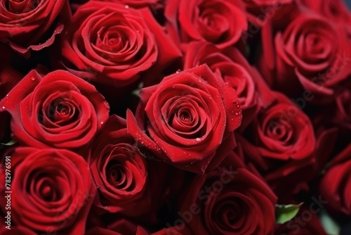 A close-up of vibrant red roses with fresh water droplets  depicting the beauty and detail of nature s artistry. Vibrant Red Roses with Water Droplets Close-Up