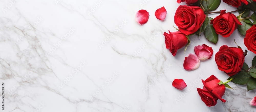 Roses on a marble surface with scattered petals