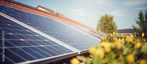 Solar panels on a rooftop with blooming yellow flora