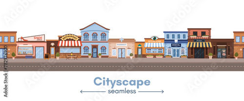 Seamless cityscape with flat urban buildings. Horizontal banner with municipal dental clinic, boutique, optics store, shoe store, restaurant, pharmacy on white background. Vector illustration. photo