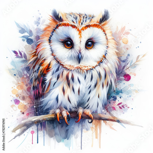 흰 배경의 수채화 부엉이 (a white background, an owl, a watercolor)