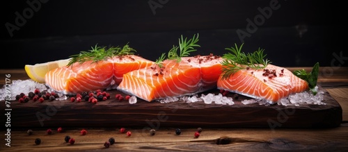 Raw salmon fillets on cutting board with seasoning