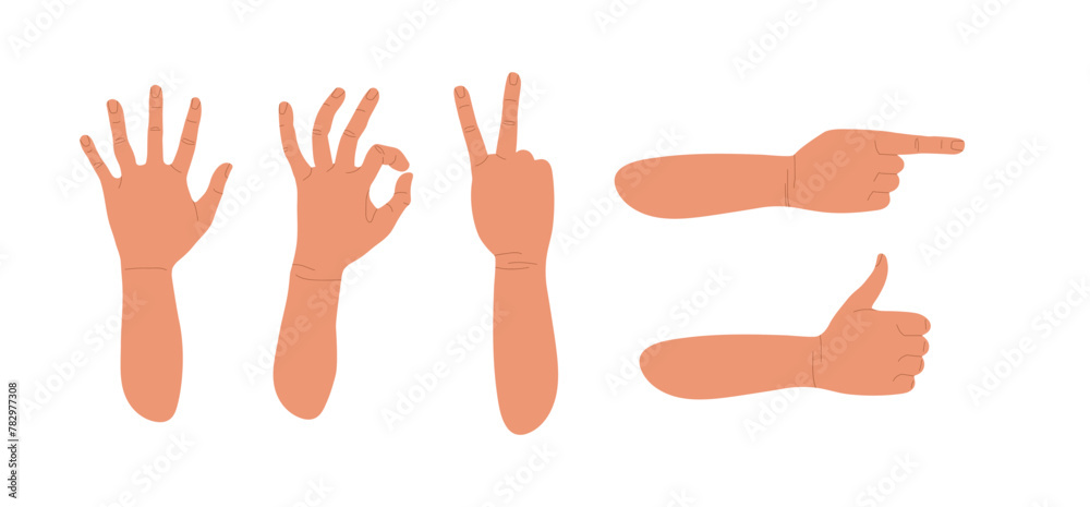 Gesturing. Set of hands in different gestures. Various hand signs. Human hands show signs. Vector flat illustration of hands in various situations isolated on white Gesturing. Set of hands in different gestures. Various hand signs. Human hands show signs. Vector flat illustration of hands in various situations isolated on white