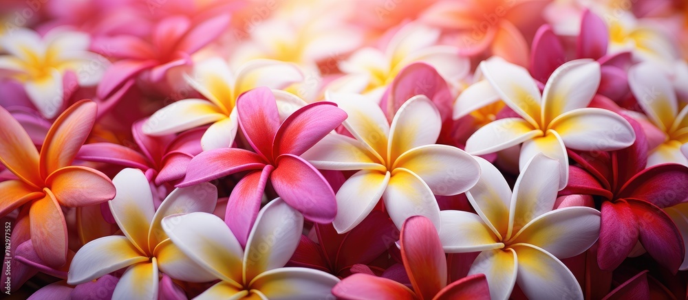 Plumeria blooms in vibrant red hue with close-up view under bright light