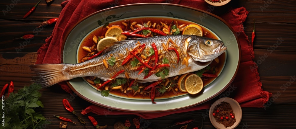 Fresh fish with lemon and chili on plate