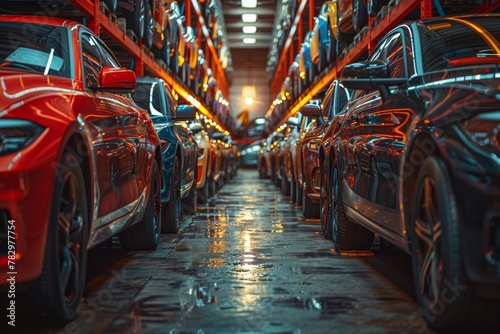 Rows of shiny new cars parked in a modern car dealership showroom, with a focus on consumerism and the automotive industry photo