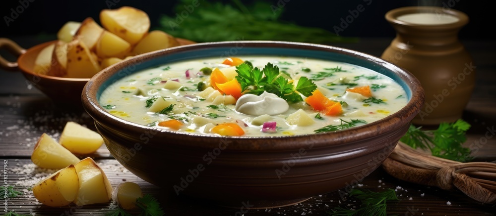 Bowl of Soup with Potatoes and Carrots on Table