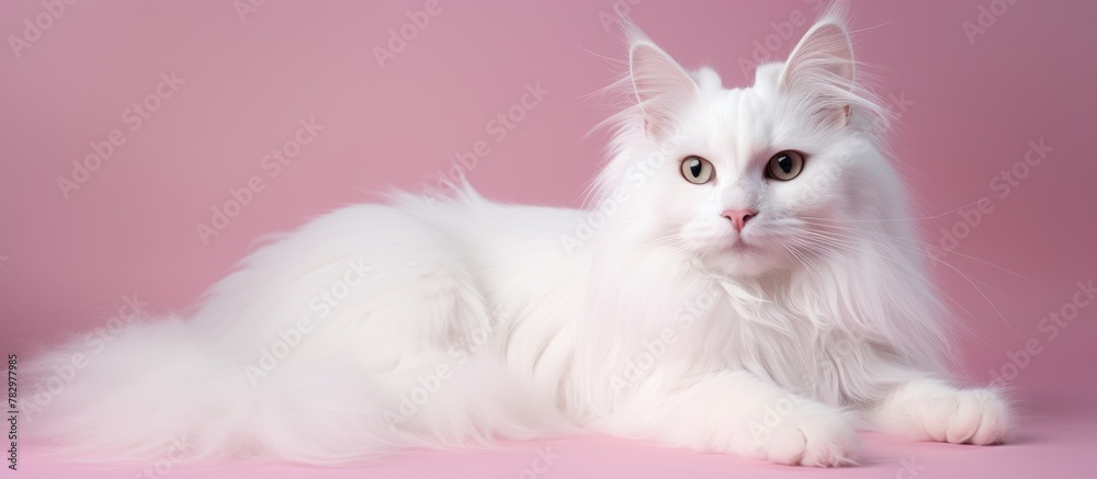 White cat Princess Isha Turkish Angora breed on pink surface and background White cat Princess Isha Turkish Angora breed on pink surface and background