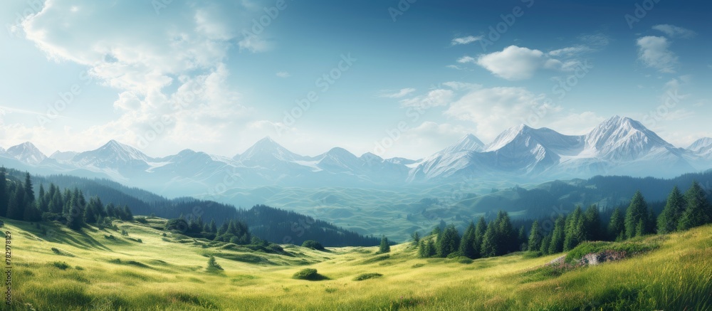 Mountain range, grassy field, forest view