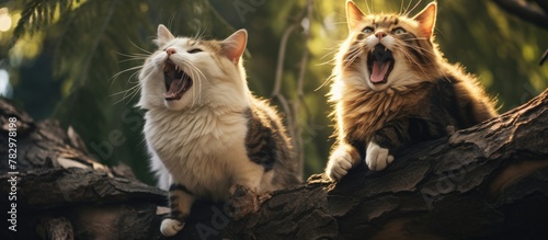 Two cats perched on a tree branch, mouths agape