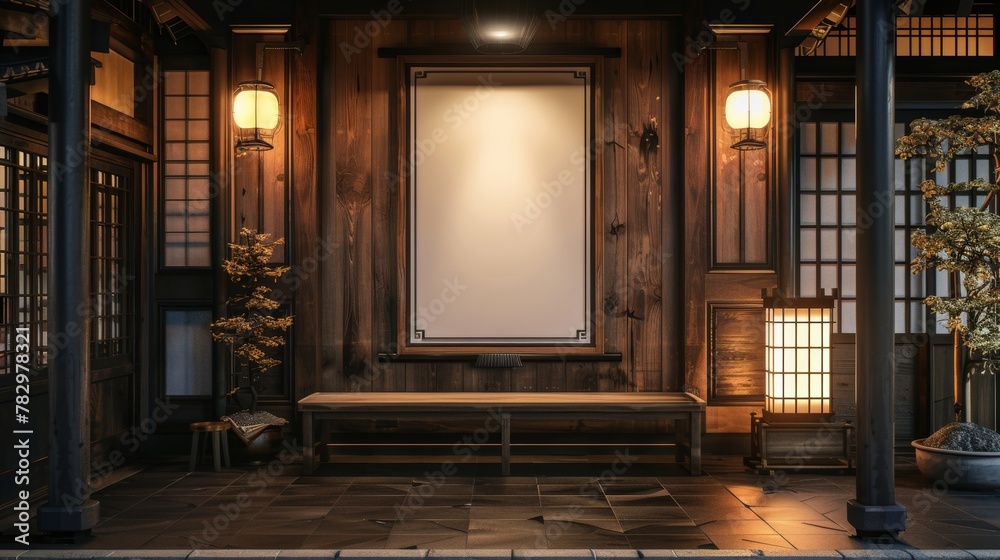 Stylish entrance to a Japanese dining spot, featuring a blank whiteboard sign for an artistic menu display Stylish entrance to a Japanese dining spot, featuring a blank whiteboard sign for an artistic menu display