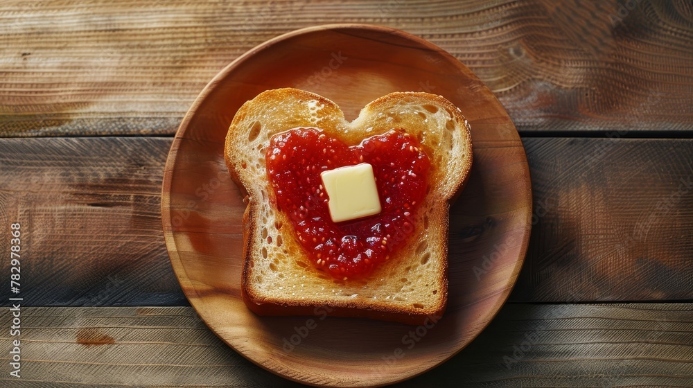 Simple yet beautiful, a toast with butter and a heart-shaped strawberry ...