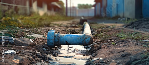Blue pipe protrudes from su...