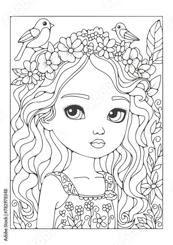Coloring page for children and adults, line art, background for coloring with the image of a cute girl with long hair and in a summer dress. A small bird sits on her head. Art therapy.
