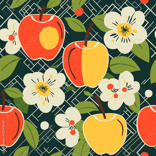 Seamless pattern with apples and flowers in flat vector style on a dark background. Illustrations for interior design, textiles, postcards, printed materials, packaging, etc.