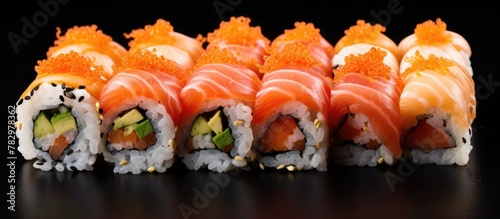 Sushi roll close-up featuri...