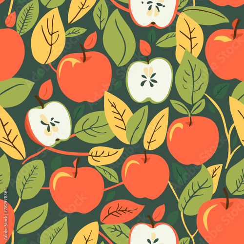 Seamless pattern with bright apples on a dark background in flat style. Illustration for design.