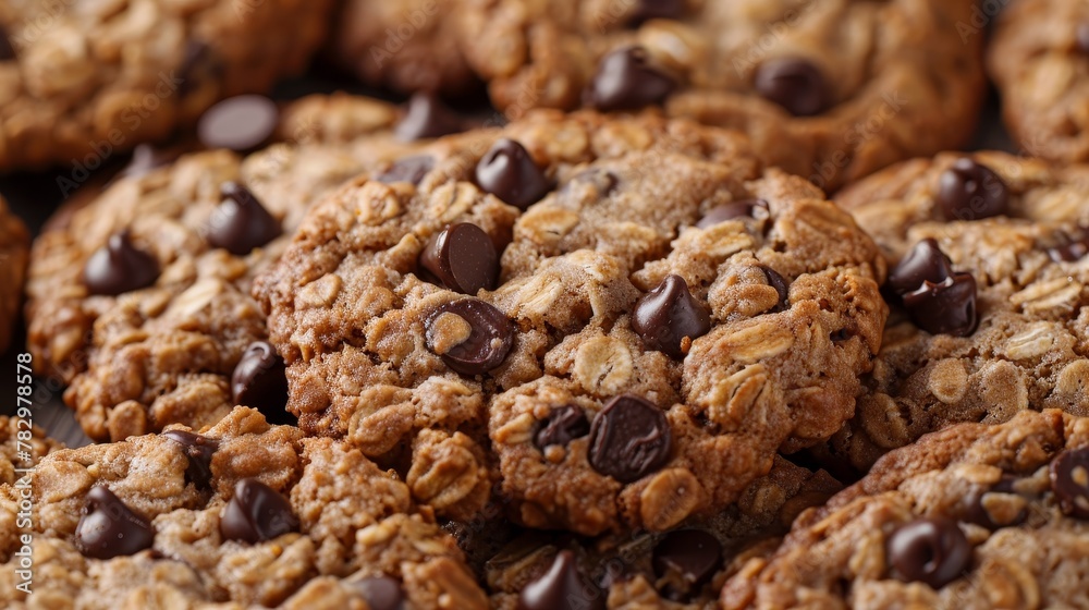 Intimate close-up of oatmeal cookies speckled with rich chocolate chips, a tempting treat Intimate close-up of oatmeal cookies speckled with rich chocolate chips, a tempting treat