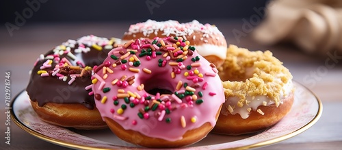 Three donuts on plate with ...