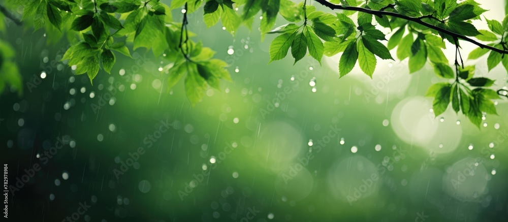 Tree branch and green leaves in rain