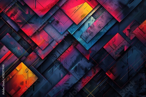 gleaming metallic rectangles in rich hues of dark sky-blue and light crimson. Layered in a complex and captivating composition, the perspective draws the viewer in photo