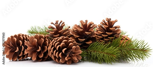 Pine cones and branch on wh...