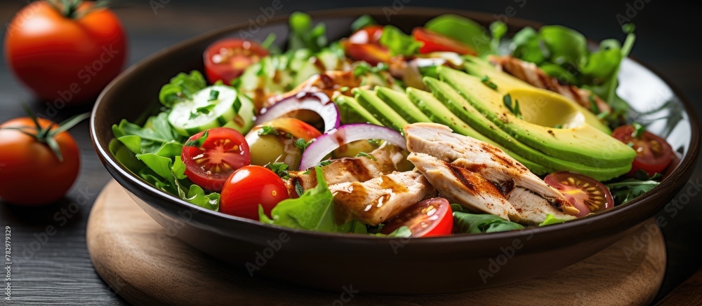Salad with chicken, avocado, tomatoes, and lettuce Salad with chicken, avocado, tomatoes, and lettuce