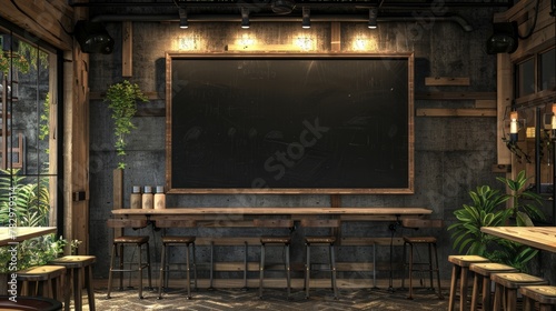 Blank blackboard at a restaurant's entrance, framed by rustic decor, ready for your creative menu ideas