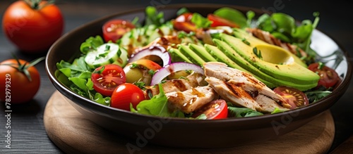 Salad with chicken, avocado, tomatoes, and lettuce