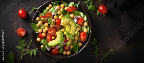 Fresh salad featuring chickpeas, avocado, and tomatoes