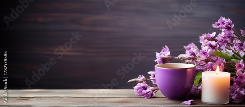 Coffee cup and lit candle o...