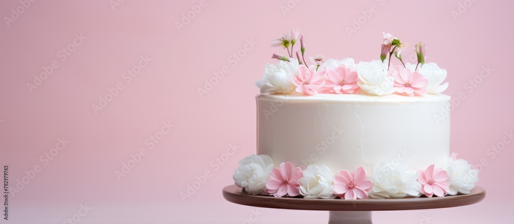 Pink flower adorned white cake - obrazy, fototapety, plakaty 
