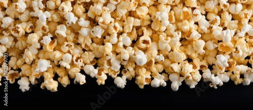 Close-up of scattered popcorn on dark surface