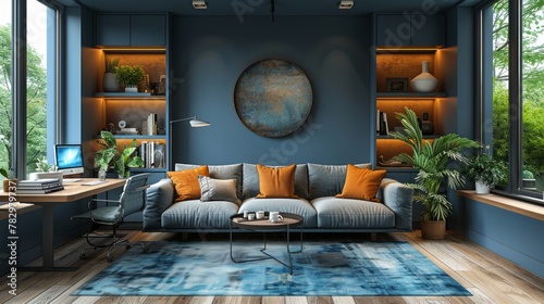 Home office interior, minimalist style, blue colors, partition between desk and sofa, isolated edges, hyper-realism, high detail, ultra HD quality photo