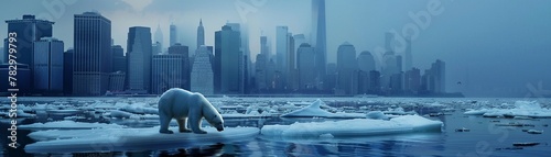 Dramatic visualization of climate change polar bear on a shrinking ice cap, city skylines suffering from extreme weather, poignant and powerful. photo
